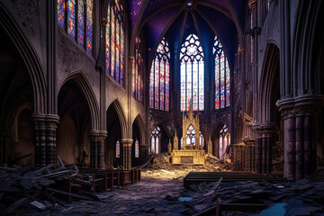 Fototapeta na wymiar Decimated Cathedral Interior - generative AI