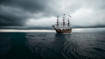 Fototapeta premium low angle view of a medieval sailing boat, generative AI
