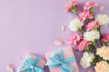Concept of trendy gift for Mother's Day. Top view photo of gift boxes bunch of carnation flowers and paper hearts on pastel violet background. Flat lay with empty space for greeting or text