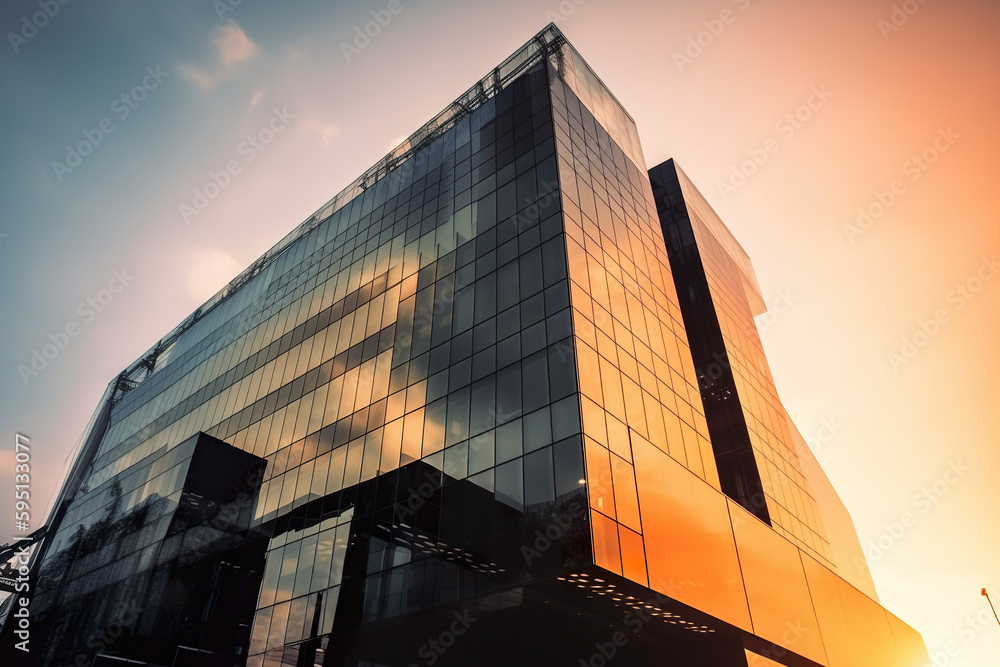 Poster a very tall building with a lot of windows. ai generative image