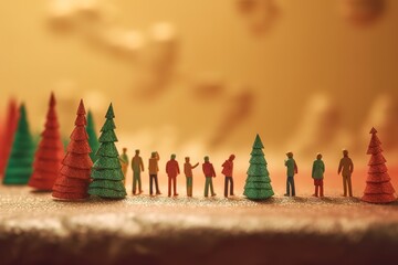 Miniature people standing, xmas bells, trees, generative AI