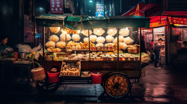 A food cart with food on the street at night. AI generative image