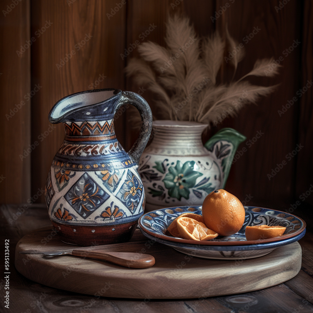 Poster a plate of oranges and a pitcher on a table. ai generative image