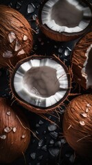 Beautiful fresh coconuts, with coconut water and a shell. This is a generative ai photo.