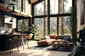 Interior of a house in the forest AI