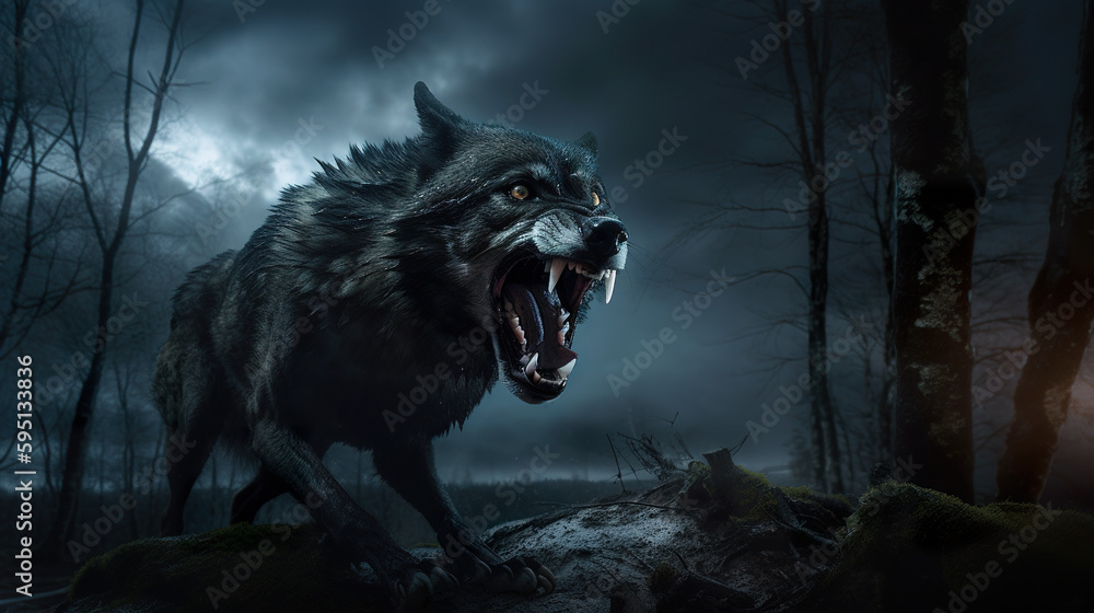 Poster a wolf with its mouth open in a dark forest. ai generative image