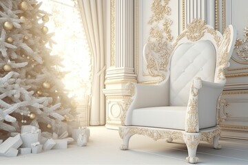 minimalist white chair beside a beautifully decorated Christmas tree. Generative AI