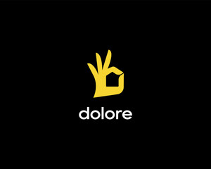 Hand and house logo design. Ok sign. Home real estate building logotype. Vector illustration.