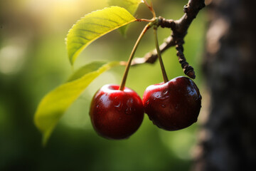 Cherry tree branch with plump, ripe fruits showcases the beauty of nature's bounty and organic agriculture, perfect for food, farming, and gardening visuals. Healthy fresh vitamins. Generative AI.