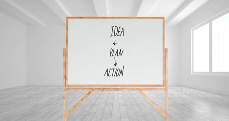 Composition of whiteboard with idea plan action text in empty room