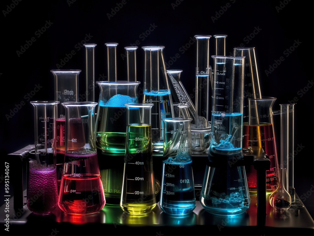Aufkleber a group of beakles filled with different colored liquids. ai generative image
