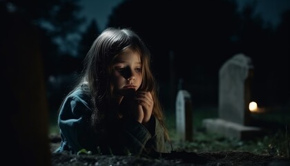 A orphan girl sitting beside her parents grave starring at it, ai, ai generative, illustration