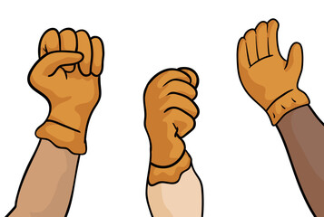 Multiethnic raised fists with work gloves in cartoon style, Vector illustration