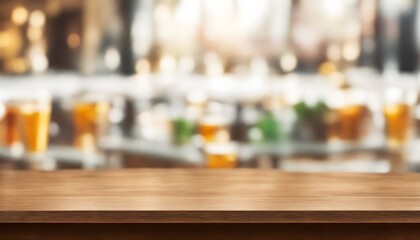 Naklejka na ściany i meble Empty wooden bar table with blurred background, beautiful shelves in bokeh style with bottles of alcohol in the background. Can be used for mounting or demonstrating your products. Bar concept. Ai
