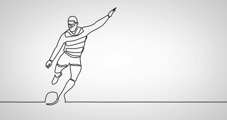 Composition of drawing line with man playing rugby on white background - Powered by Adobe