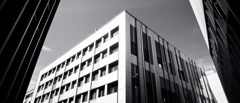 A black and white photo of a tall building. AI generative image