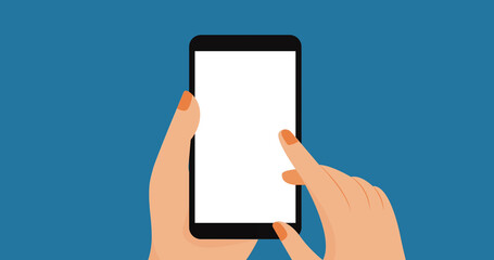 Composition of hands holding smartphone with copy space on screen on blue background