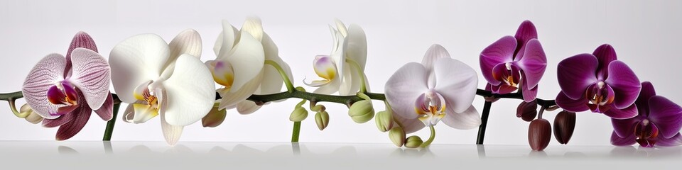 Row of orchids isolated on neutral background, studio shot, narrow generative ai panoramic floral banner