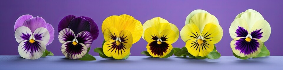 Row of beautiful pansies isolated on purple background, studio shot, horizontal narrow generative ai floral banner
