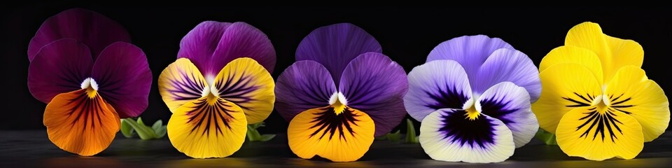 Row of five beautiful pansies isolated on black background, studio shot, horizontal narrow generative ai floral banner