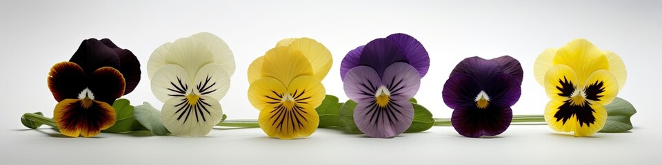 Row of beautiful pansies isolated on neutral light background, studio shot, horizontal narrow generative ai floral banner