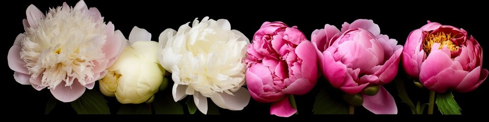 Row of white and pink peonies isolated on black background, studio shot, narrow generative ai panoramic floral banner