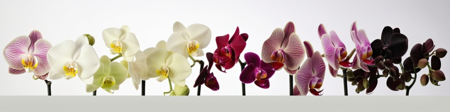 Row of beautiful white orchids isolated on white background, horizontal narrow generative ai floral banner