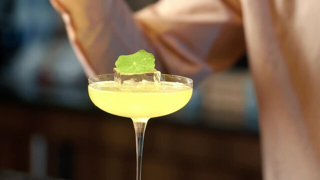 Male hand finishing preparing alcohol cocktail and finally decorate it with decor element. Close up 