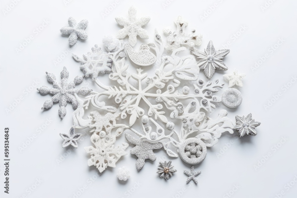 Poster white snowflake with intricate details and smaller snowflakes surrounding it. generative ai