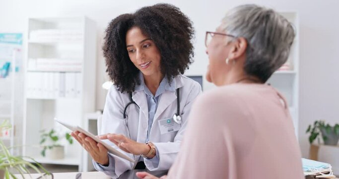 Tablet, check up and doctor with senior woman in clinic for results, life insurance and medical report. Healthcare, technology and medicine with happy female patient for discussion, treatment or help