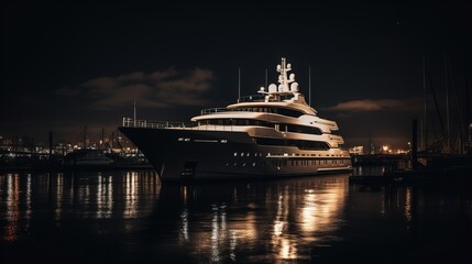 Fototapeta na wymiar Superyacht on the water at night. Large and luxurious pleasure vessel. Generative AI.