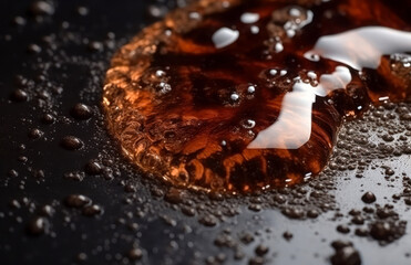 Extreme close up of rubber adhesive spilled on concrete. A drop of rubber adhesive on a black surface. Generative AI