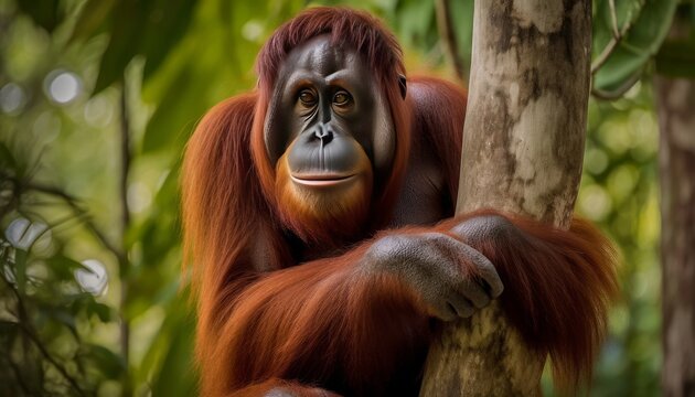 Orangutan on a tree branch in a jungle ai, ai generative, illustration
