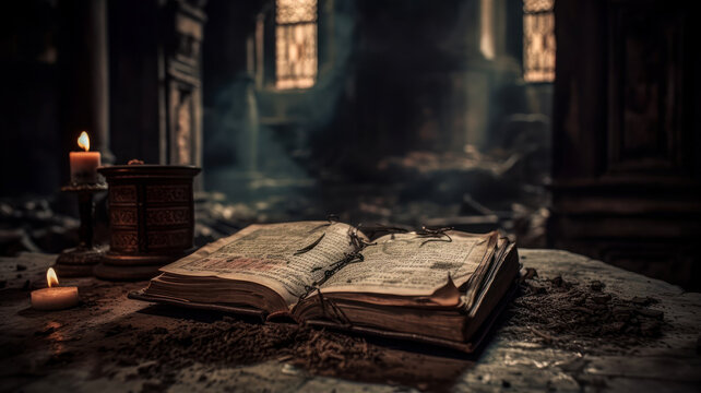 A dramatic shot of an abandoned house with destroyed walls and weathered book on the old table. A book on a table in a ruined building. Generative AI
