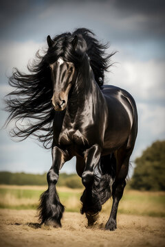Beautiful black friesian horse with a long mane galloping on the meadow. Gorgeous friesian stallion running. Generative AI
