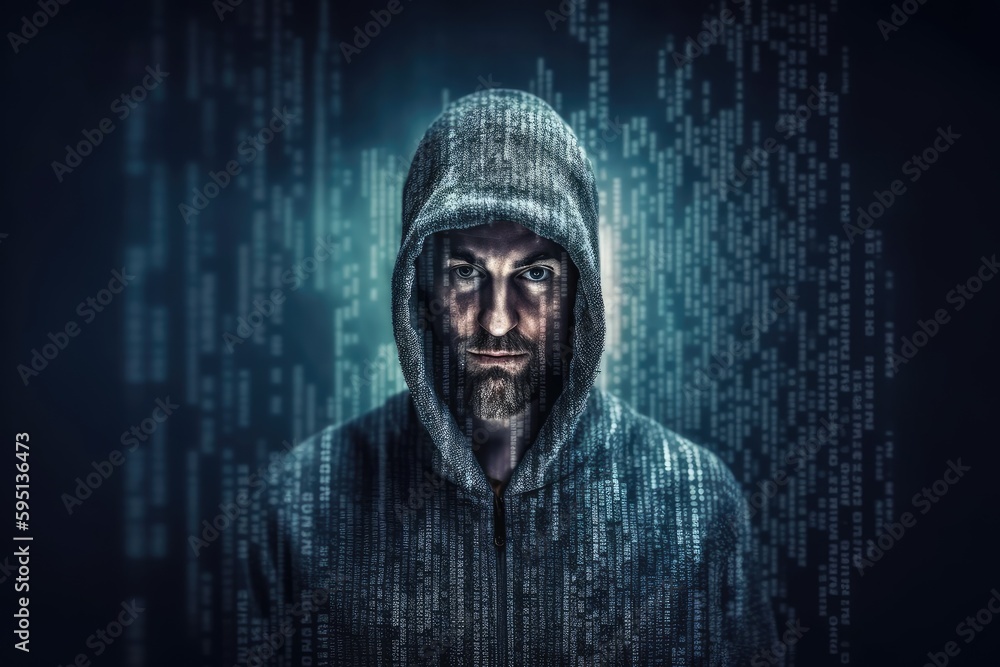 Poster person surrounded by a matrix of numbers and symbols. generative ai