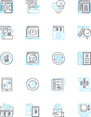 Website design linear icons set. Creativity, Aesthetics, Usability, Mobile-friendly, Responsive, Accessibility, Navigation line vector and concept signs. Functionality,Optimization,Simplicity outline