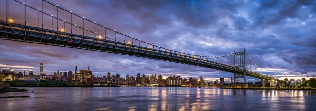 Robert F. Kennedy Bridge (Triborough Bridge) panorama at night, New York City, USA