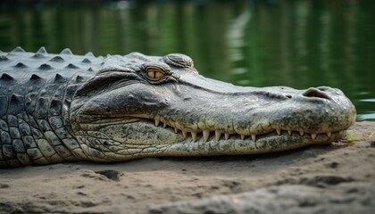 Fototapeta premium A crocodile beside a lake ai, ai generative, illustration