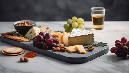 Gourmet appetizer tray cheese, fruit, bread, wine generated by AI