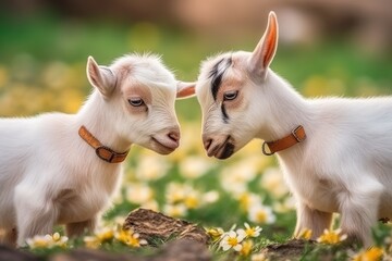 Naklejka na ściany i meble two adorable goats standing together in a blooming field. Generative AI