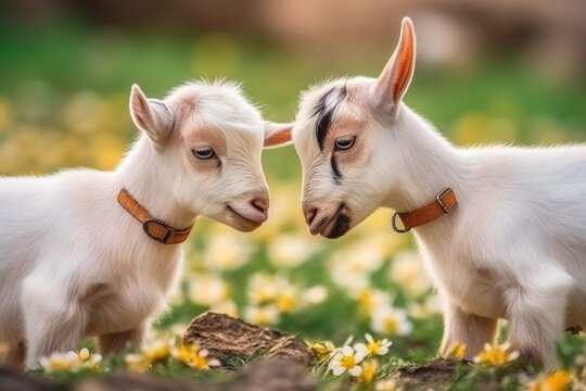 two adorable goats standing together in a blooming field. Generative AI
