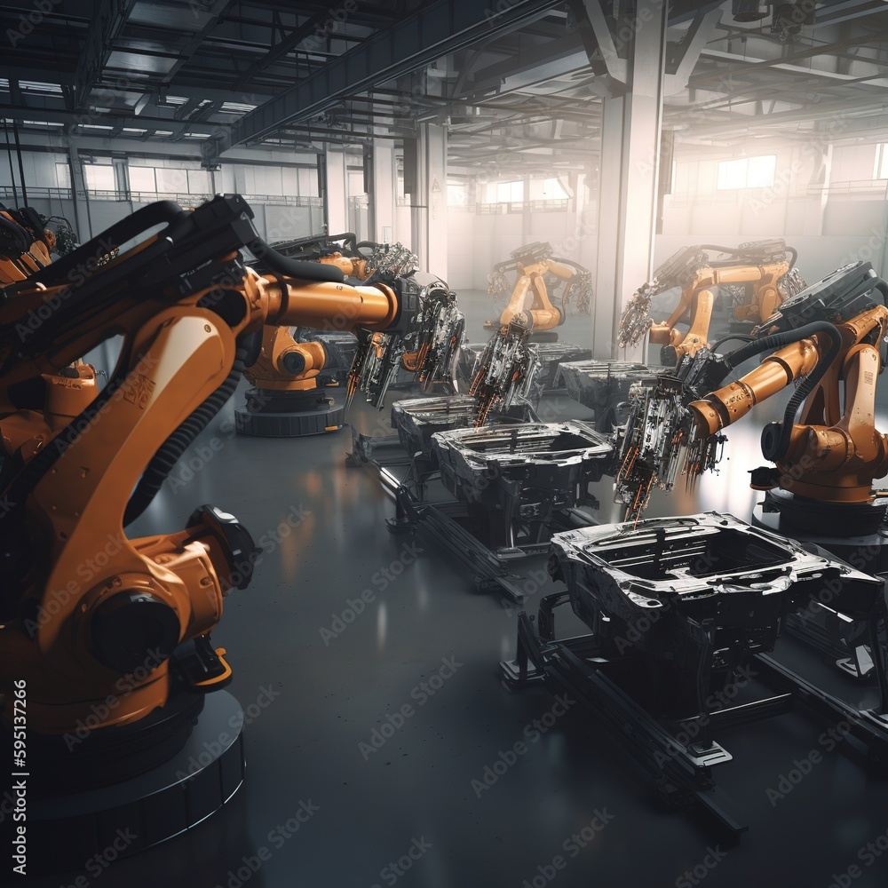 Poster robot arm of the vehicle assembly line is operating in the industrial production workshop. generativ