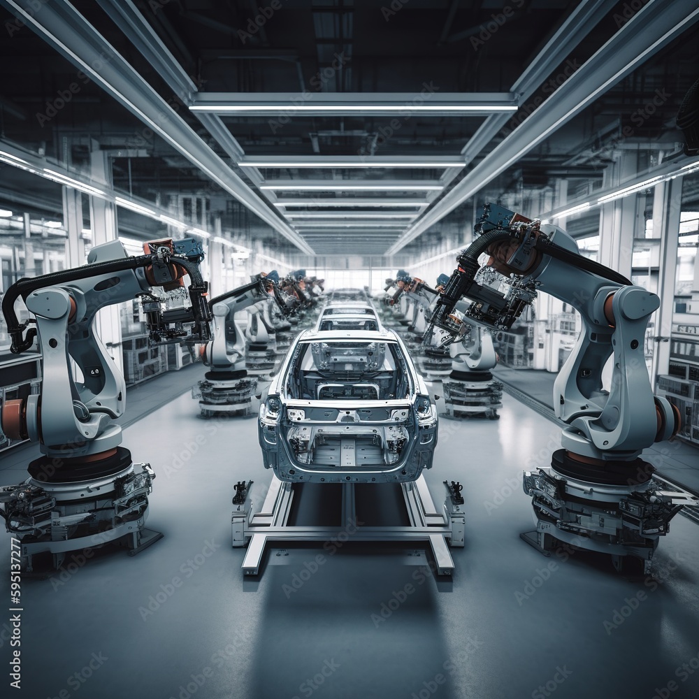 Poster the robot arm of the vehicle assembly line is operating in the industrial production workshop. gener