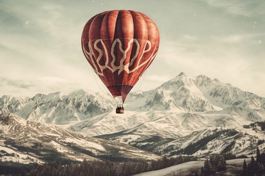 red hot air balloon flies over a mountain range created with Generative AI technology