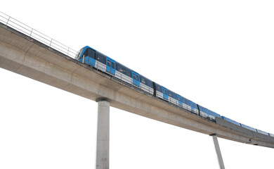blue train on elevated track - obrazy, fototapety, plakaty
