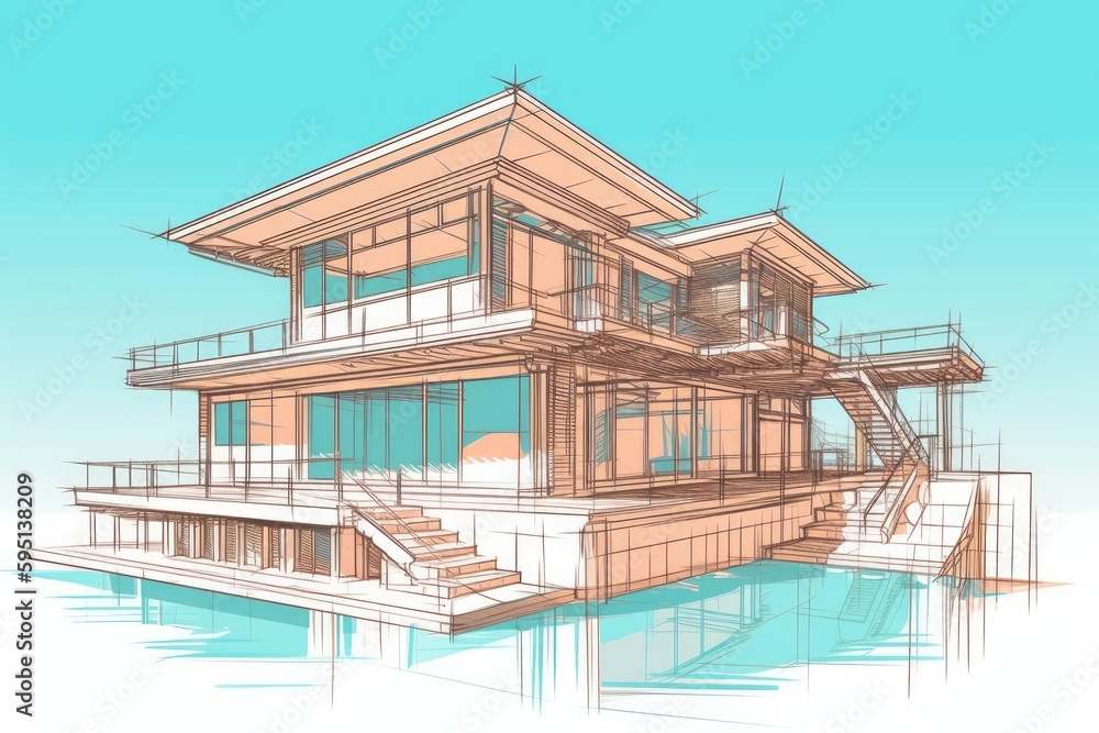 Poster modern house with a spacious pool in the front yard. generative ai