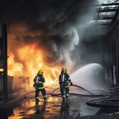 Firefighters extinguishing an industrial fire. generative ai