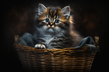 Fototapeta na wymiar Generative AI. A fluffy tabby kitten is sitting in a wicker basket.
