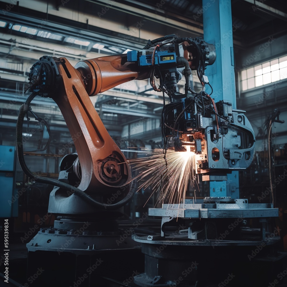 Poster welding pieces with a smart robot. future futuristic technologies. generative ai